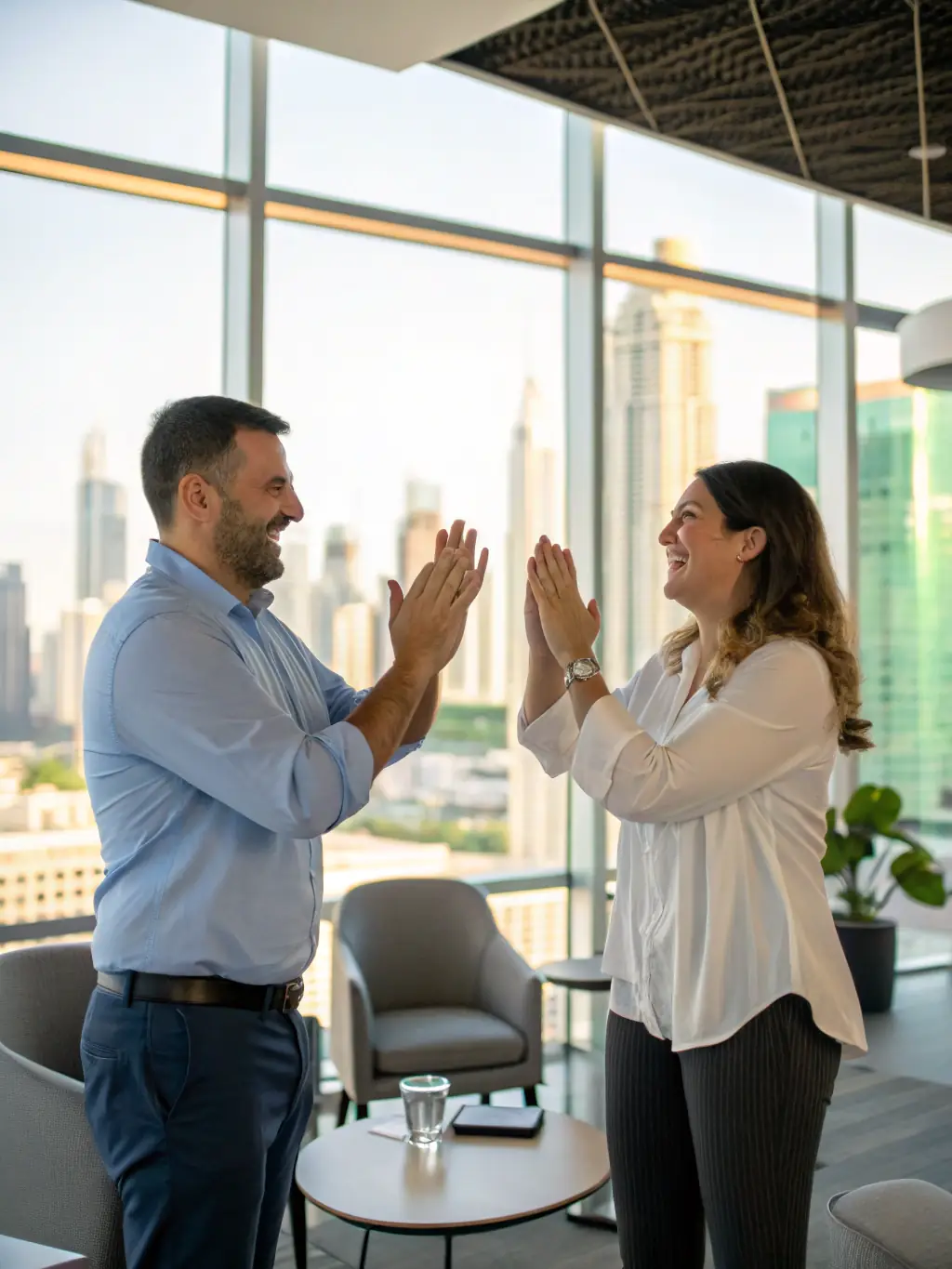 A client celebrating a job offer with their coach, illustrating the successful outcomes and career advancement achieved through coaching.