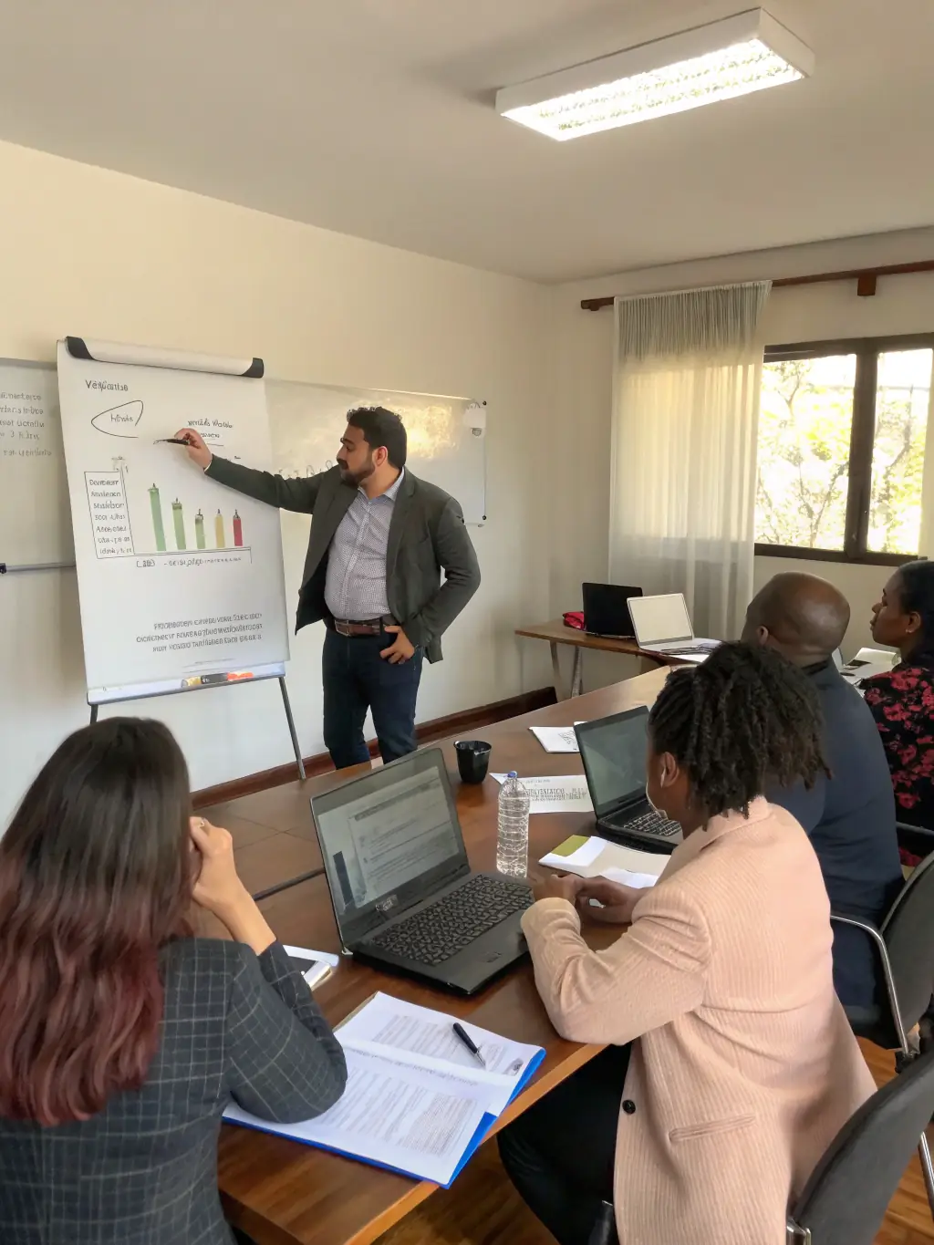 A coach giving a presentation on interview skills to a group of IT professionals, showcasing practical training and skill development.